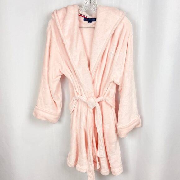 Tommy Hilfiger Pink Star Print Hooded Robe Sz L XL Soft Faux Fur Texture Pockets - Picture 1 of 11